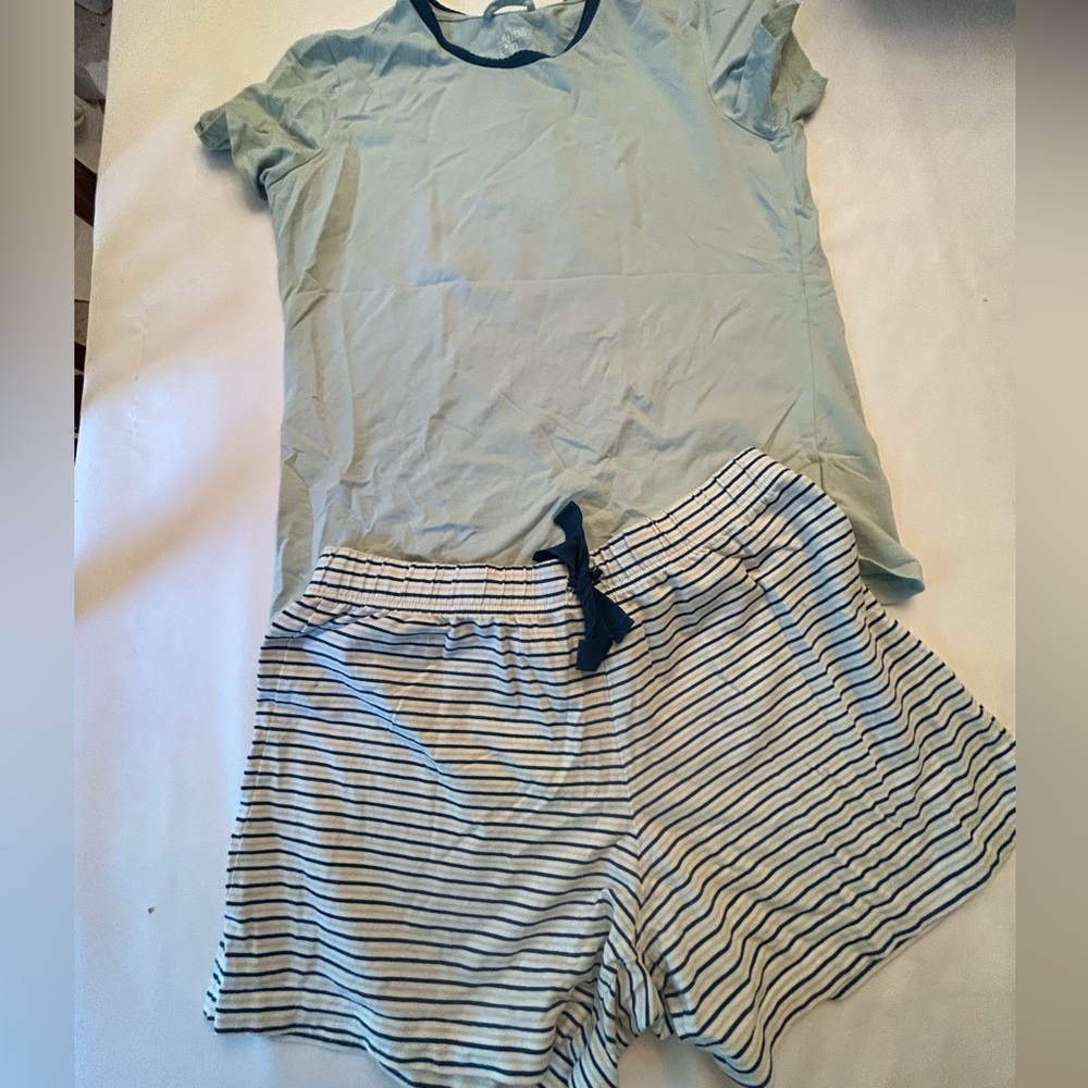 LANDS’ END pjs navy blue and light teal.